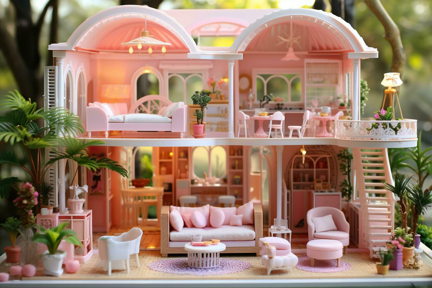 Modern dollhouse with pink interior. Generated by artificial intelligence photo