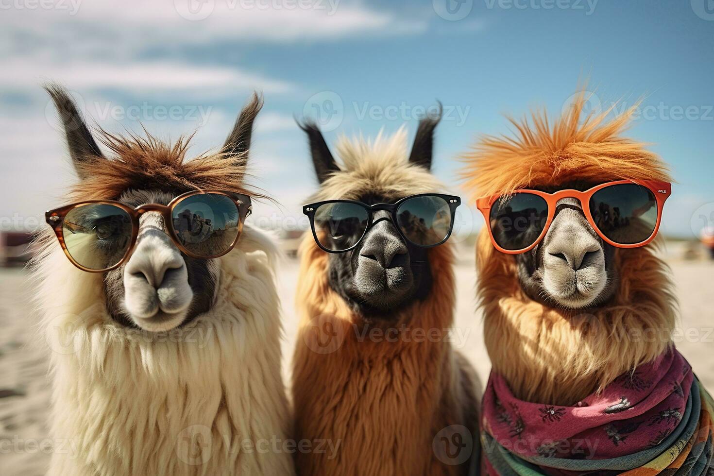 Three llamas in sunglasses take a selfie on the beach. Beach holiday, vacation concept. Generated by artificial intelligence photo