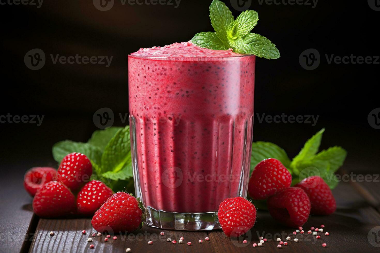 Raspberry smoothie with chia seeds and mint. Healthy food and drink concept. Generated by artificial intelligence photo