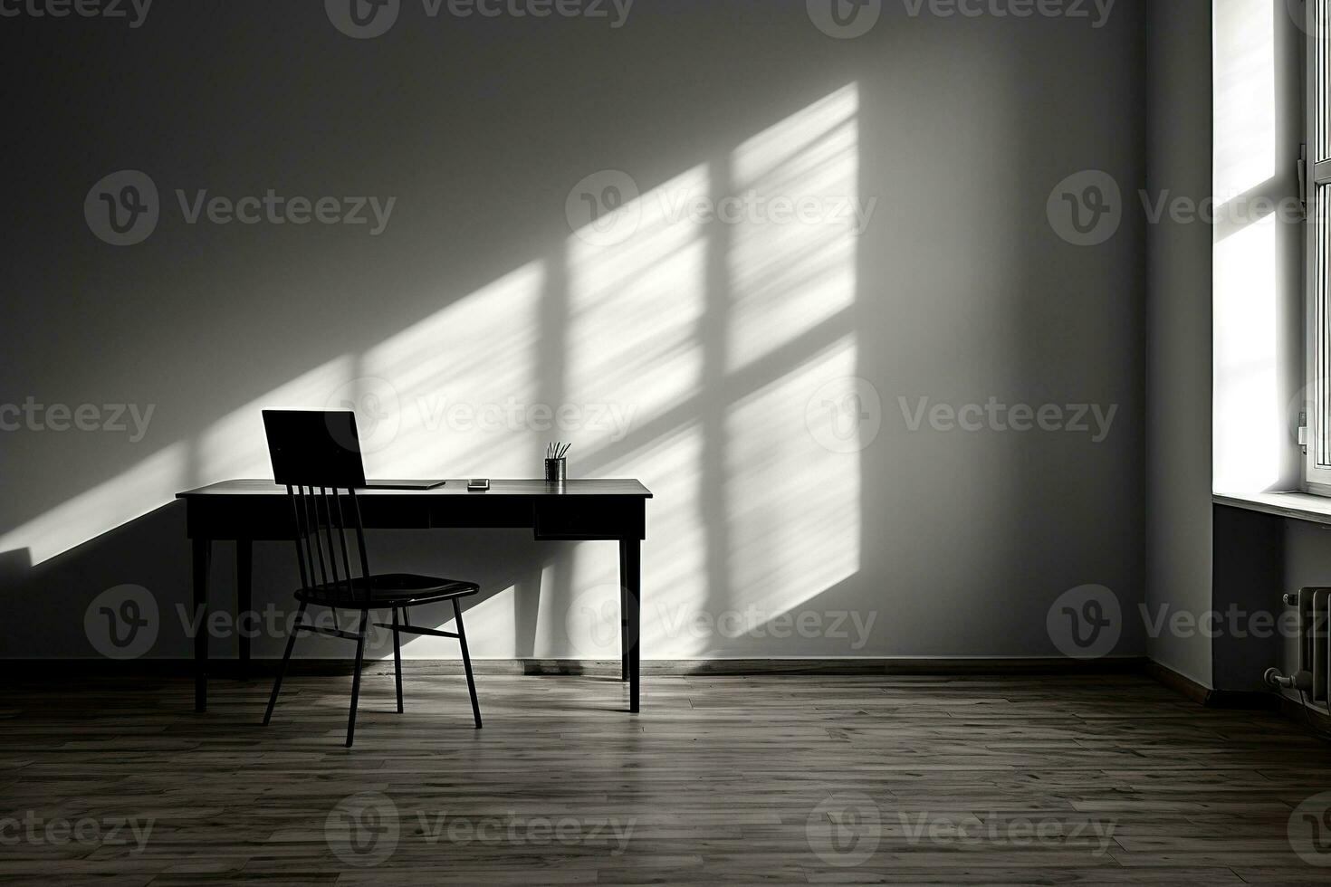 negro escritorio con silla en un vacío habitación. hermosa sombra en el pared. remoto trabajo concepto. generado por artificial inteligencia foto