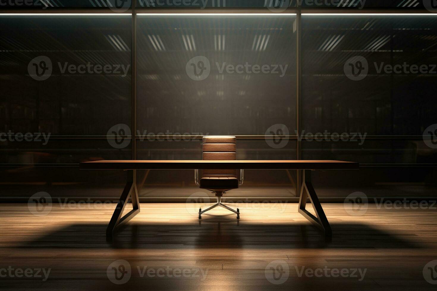 Wooden desk with chair in an empty room. Beautiful shadow on the wall. Remote work concept. Generated by artificial intelligence photo