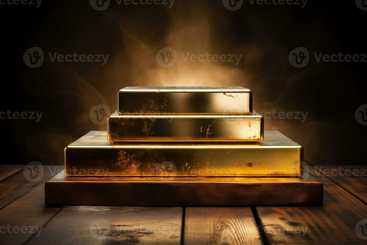 Golden podium. Podium for presenting a product in the form of gold bars. Smoke background. Generated by artificial intelligence photo