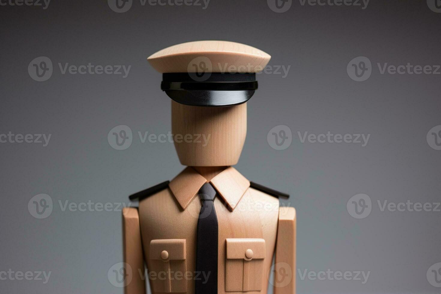 Policeman. A wooden man in a policeman's suit and cap. Generative AI photo