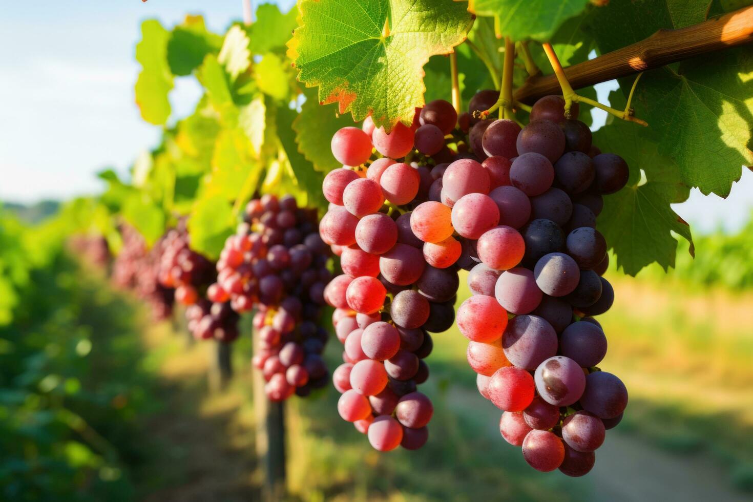 A branch of ripe grapes close-up. Vineyards at sunset. Generated by artificial intelligence photo