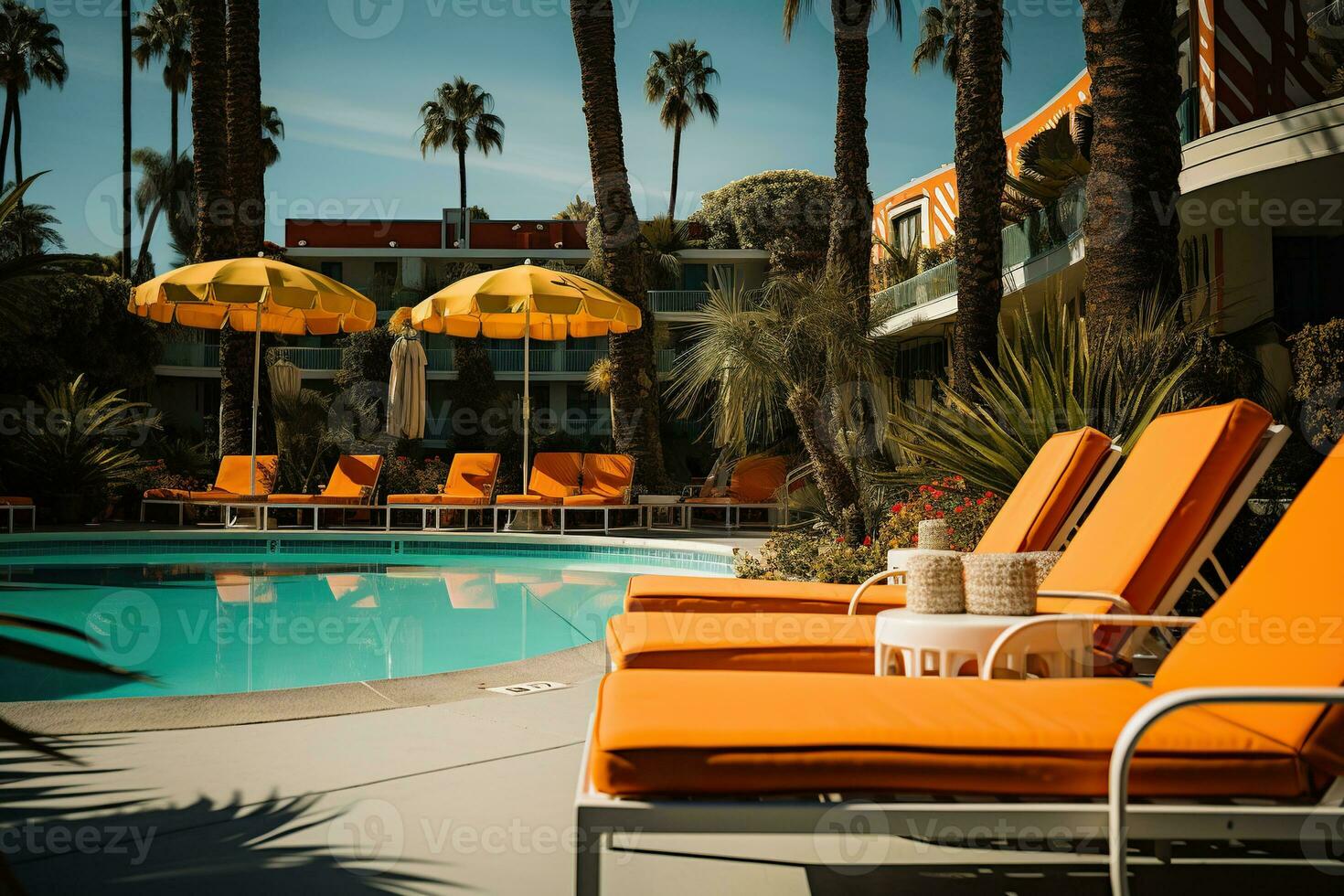 Orange sun loungers by the pool on site. Sunny summer travel vacation. Generative AI photo
