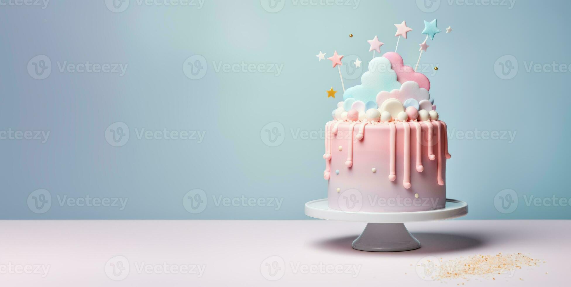 AI Generated Birthday cake in bright colors for the gender party party. photo
