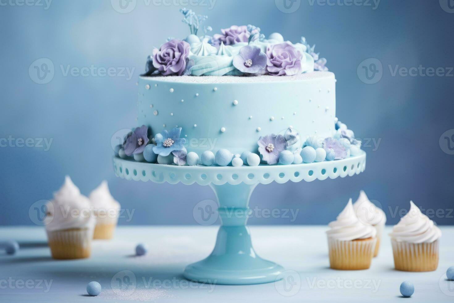 AI Generated Blue cakes on a blue background. photo