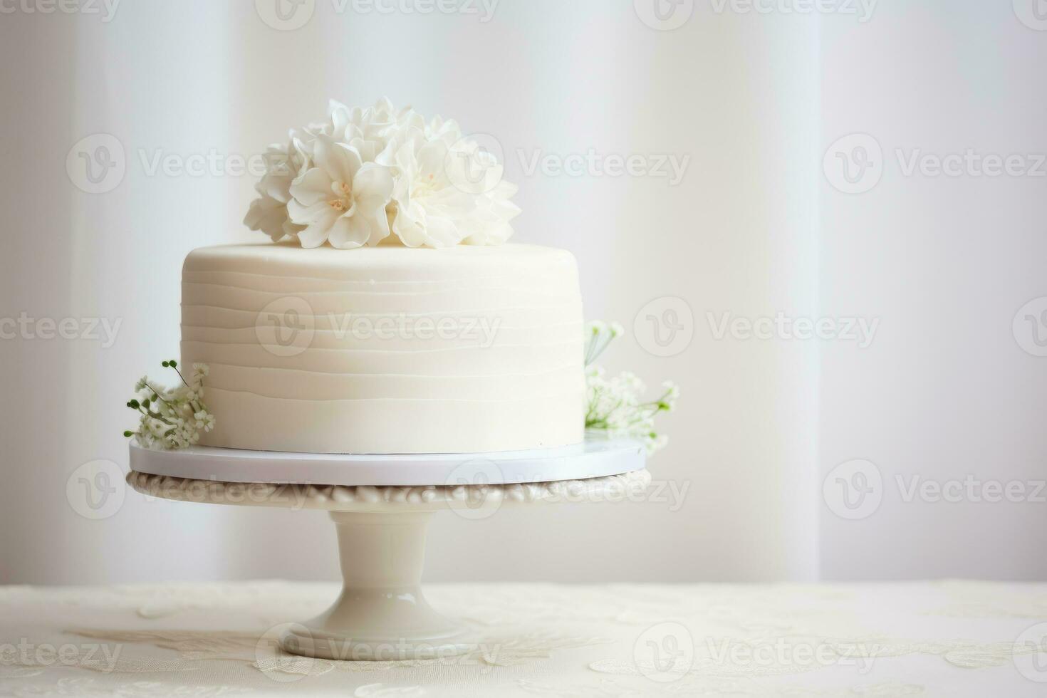 AI Generated White multitiered wedding cake in white tones. photo