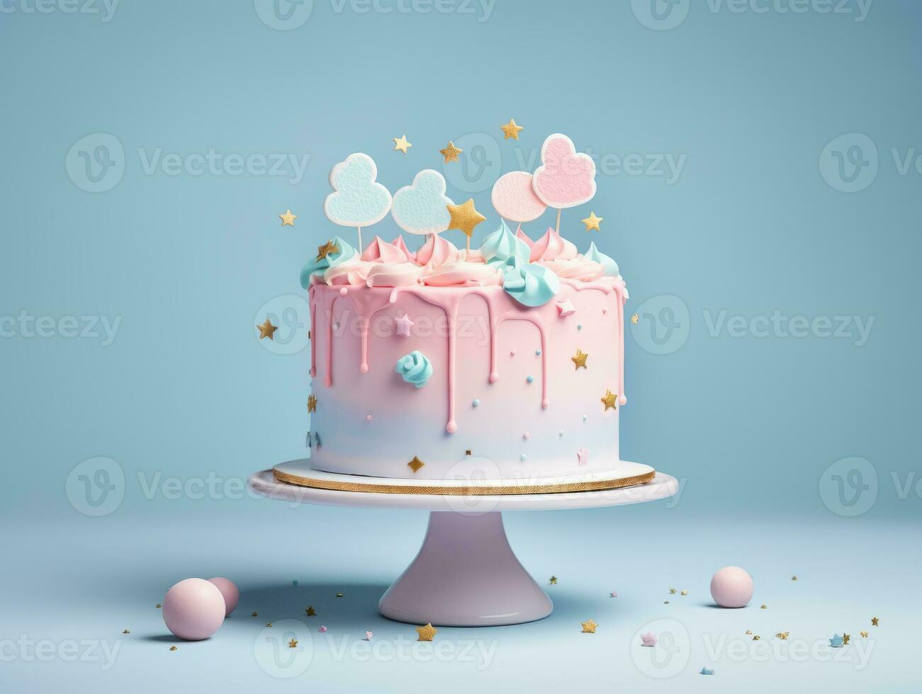 AI Generated Birthday cake in bright colors for the gender party party. photo