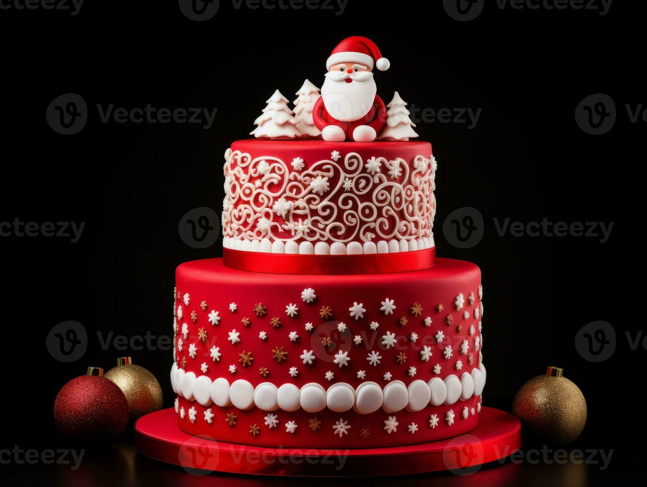 AI Generated Beautiful creative cake with Santa decoration. photo