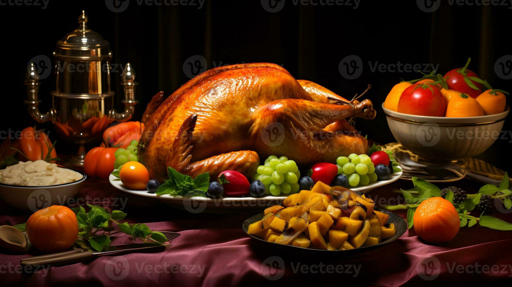 Homemade roasted turkey in thanksgiving day. AI generative photo