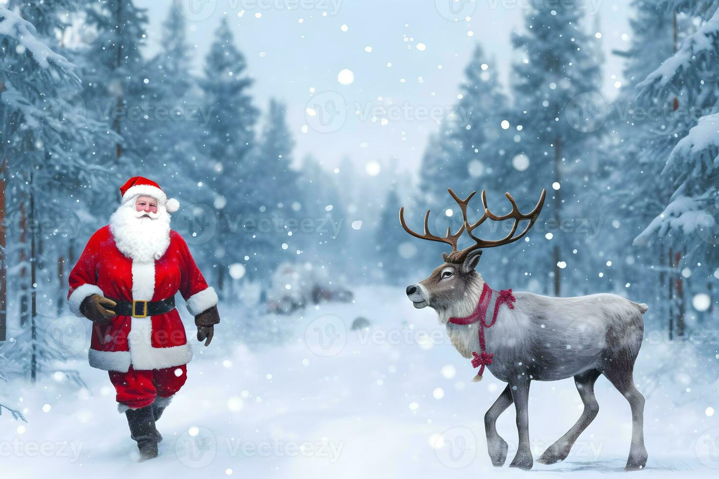 Santa Claus walking together with reindeer in the forest at winter. Marry Christmas. AI generative photo