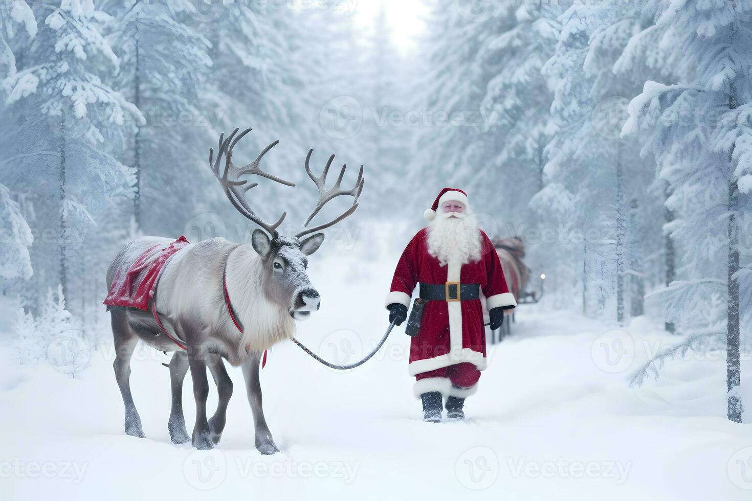 Santa Claus walking together with reindeer in the forest at winter. Marry Christmas. AI generative photo