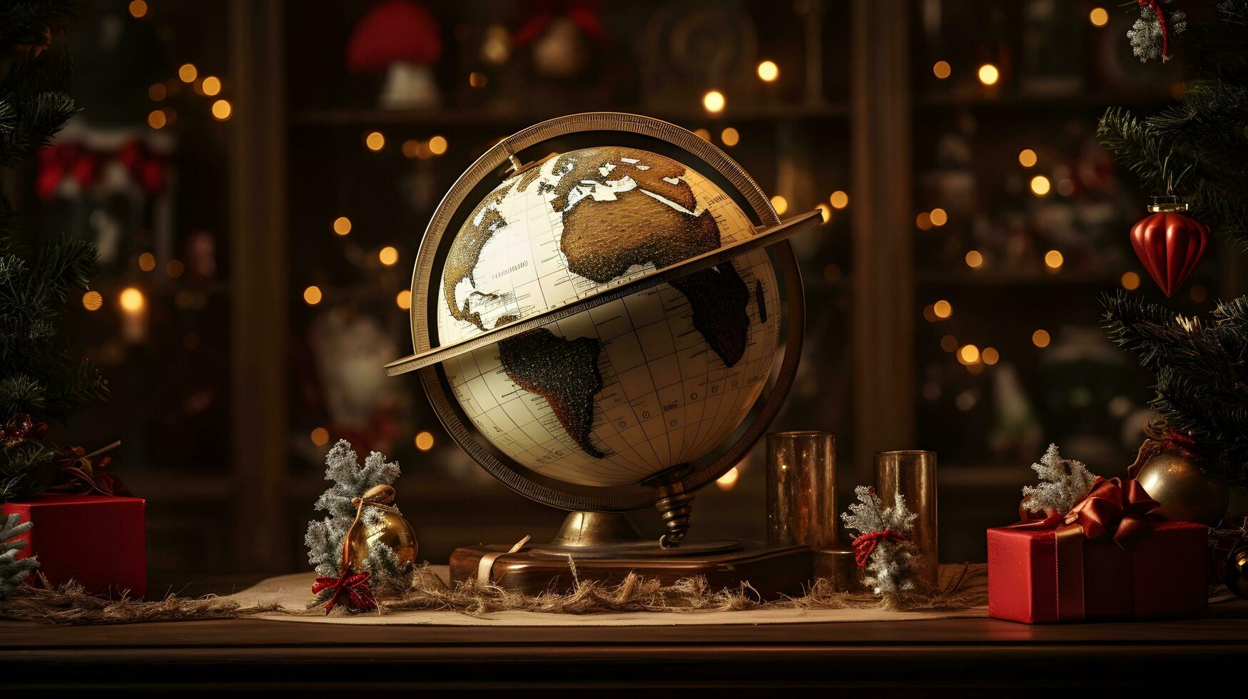 Globe with Lights and Bow Surrounded by Christmas Gifts and Trees photo