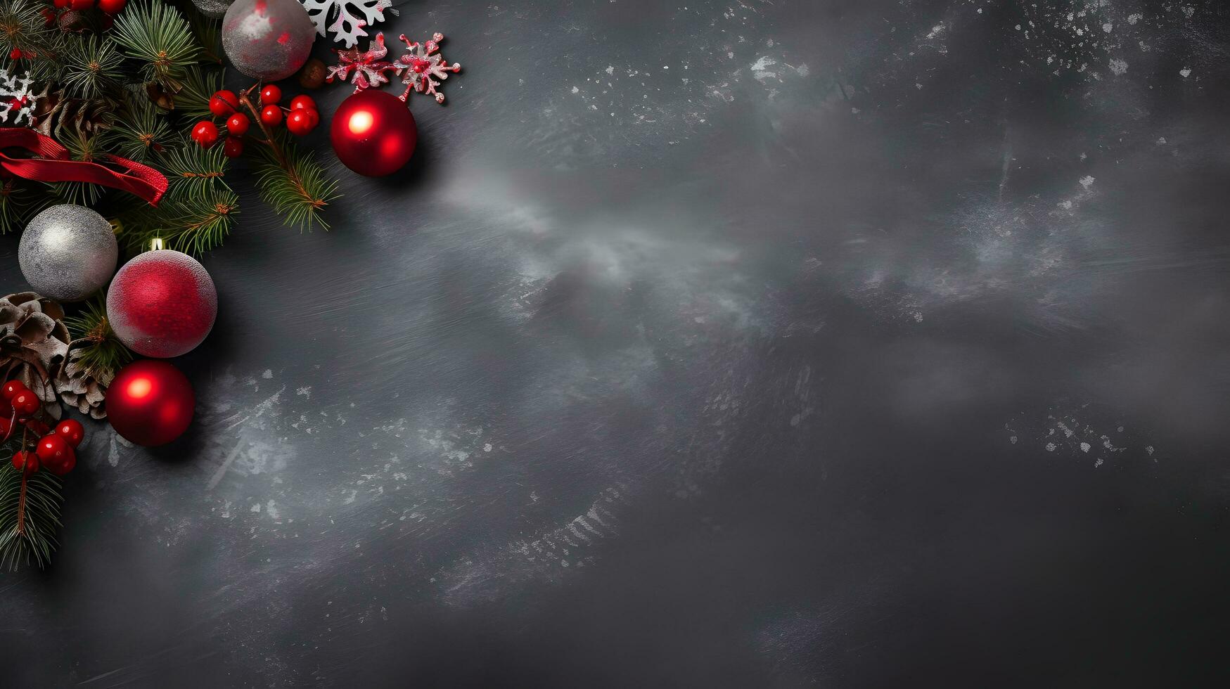 Red and Silver Baubles with Pine Cones on a Dark Snowflake Background photo