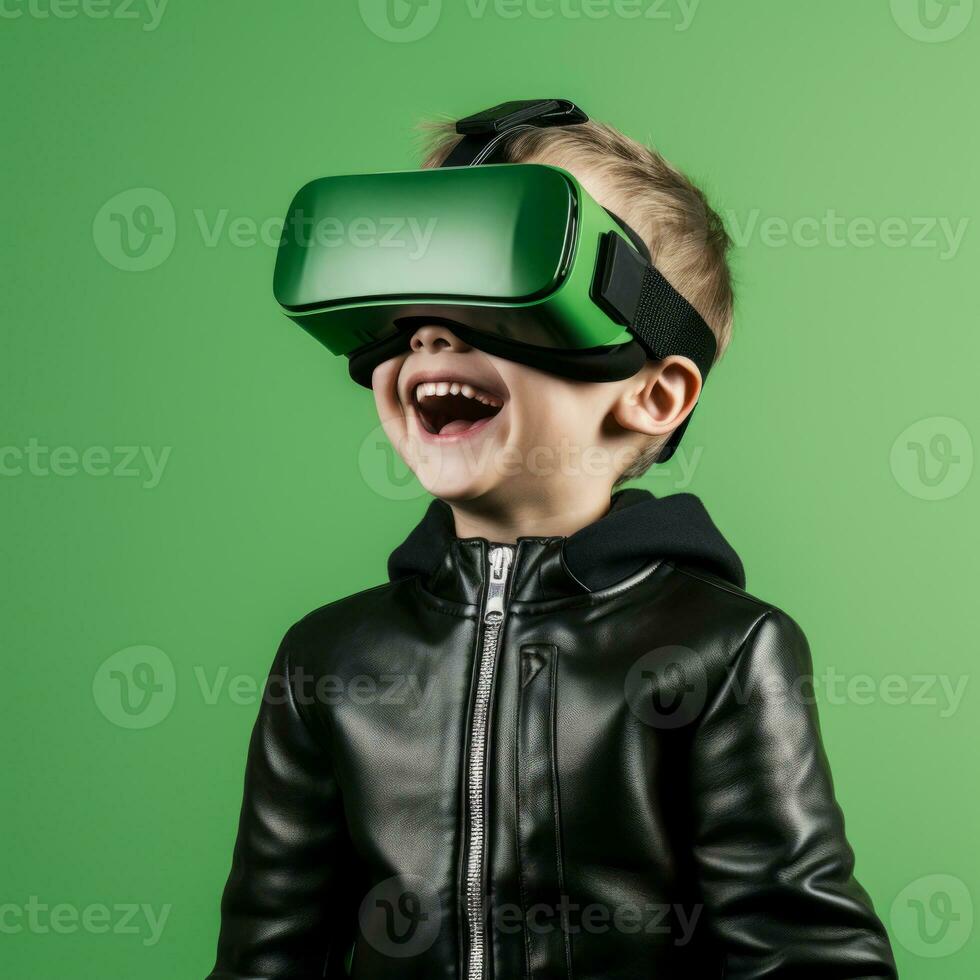 ai generado un chico vistiendo virtual realidad lentes en un verde antecedentes. foto