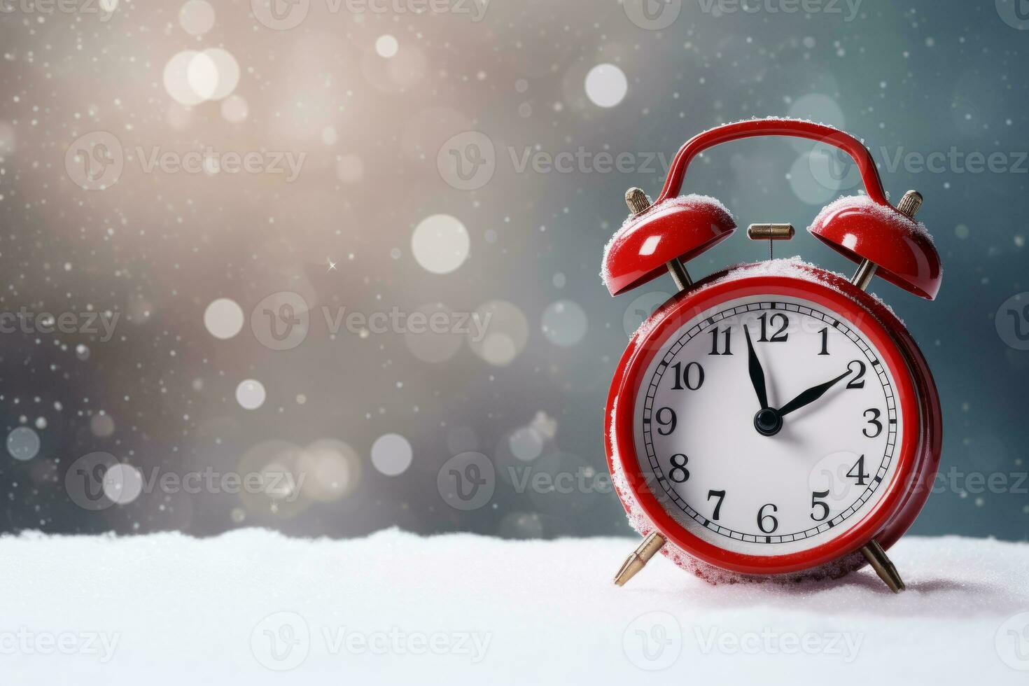 AI Generated Alarm clock on the background of a winter landscape. photo