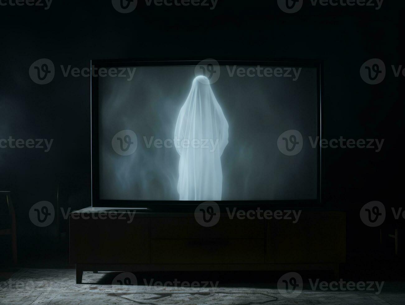 AI Generated A TV set installed in a room at night shows static noise and a female ghost. photo