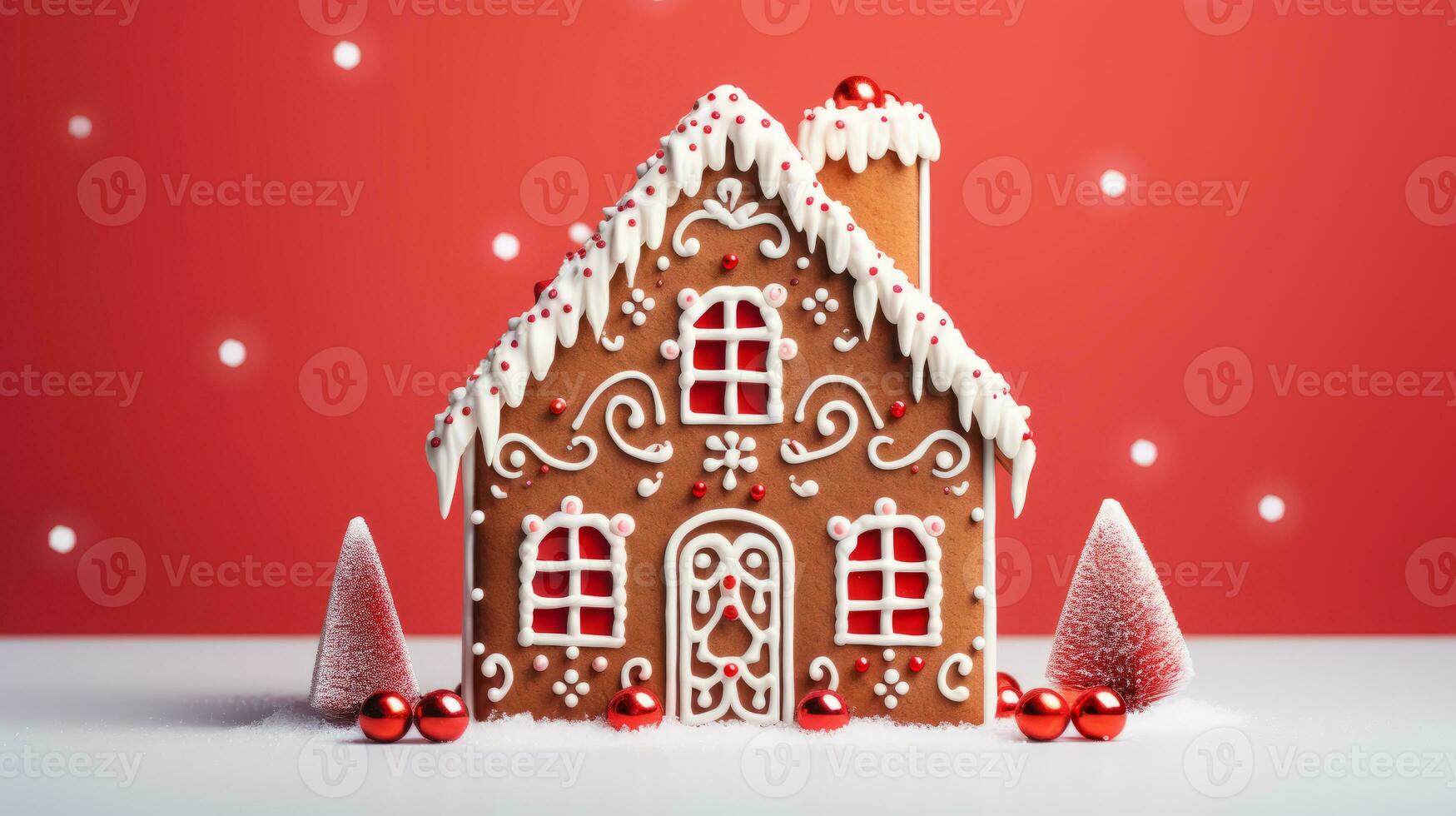 AI Generated Gingerbread house on a winter background. photo