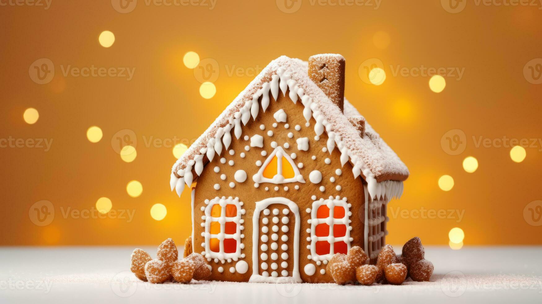 AI Generated Gingerbread house on a winter background. photo