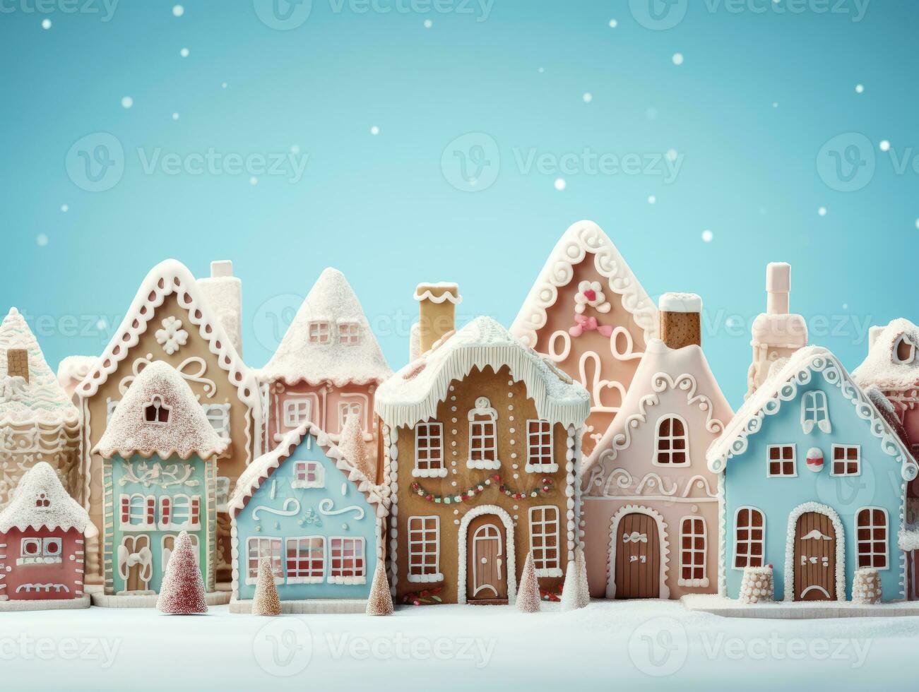 AI Generated Christmas village of gingerbread houses in blue tones. photo