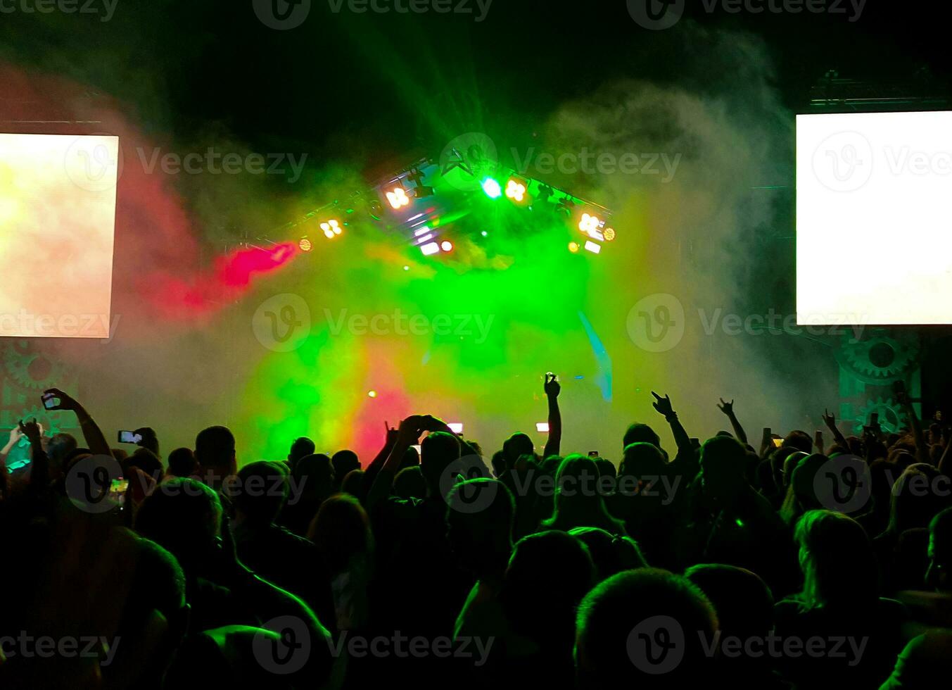 A crowd of fans at a concert under the spotlight. A scene with musicians. photo