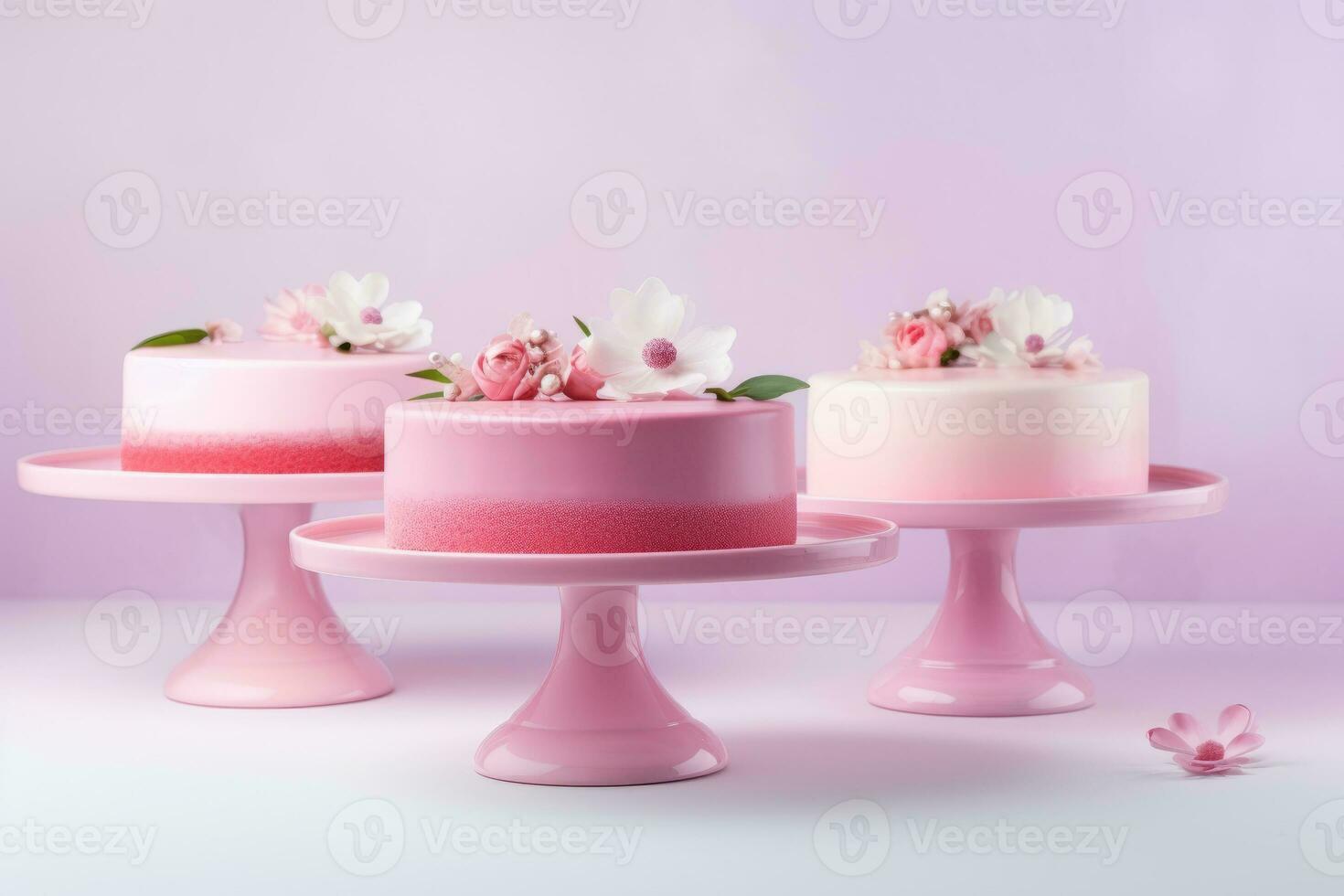 AI Generated Beautiful cakes and desserts in pink tones on a pink background. Wedding cake. Birthday cake. Valentine's Day cake. photo