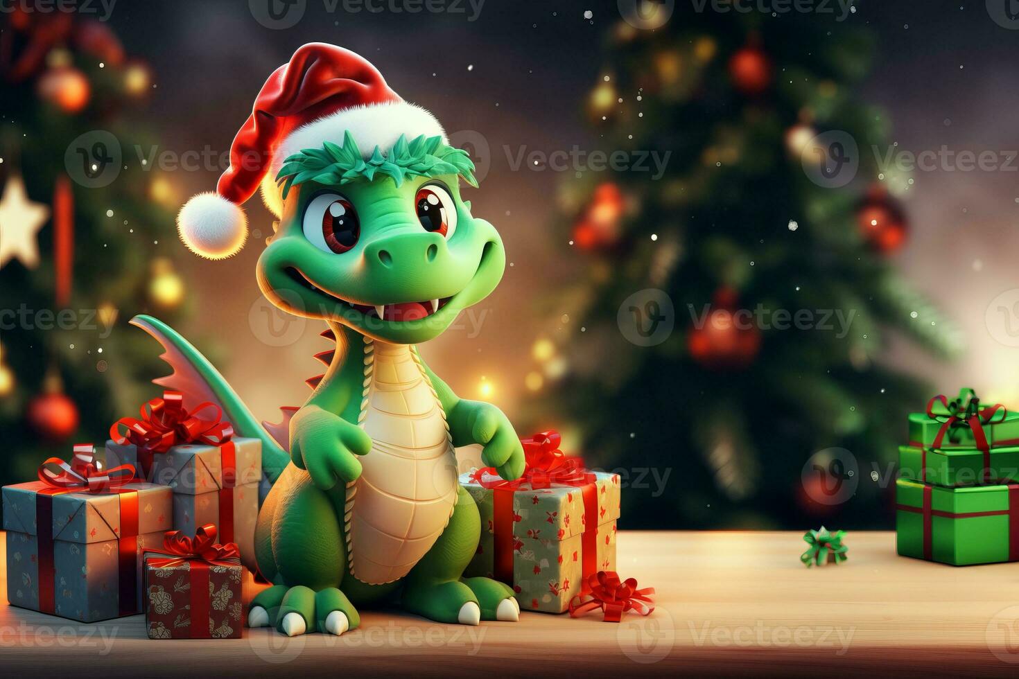 AI Generated Cute green dragon symbol of 2024 stands with gifts at the Christmas tree photo