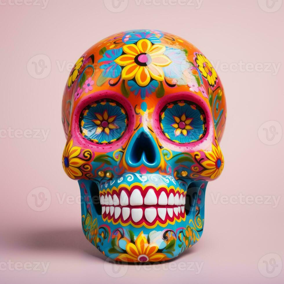 AI Generated Sugar skull for the Day of the Dead on a bright background photo