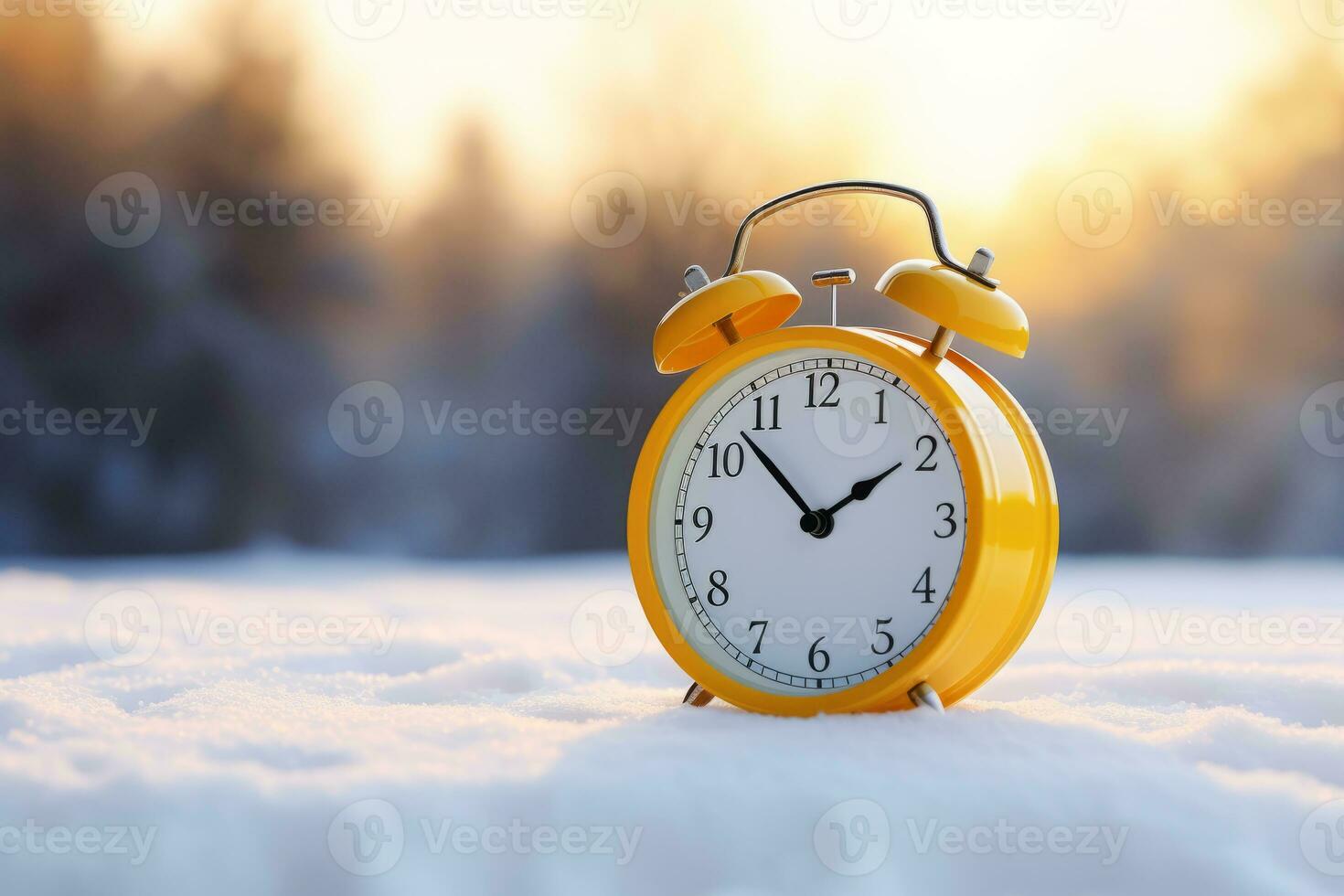 AI Generated Alarm clock on the background of a winter landscape. photo