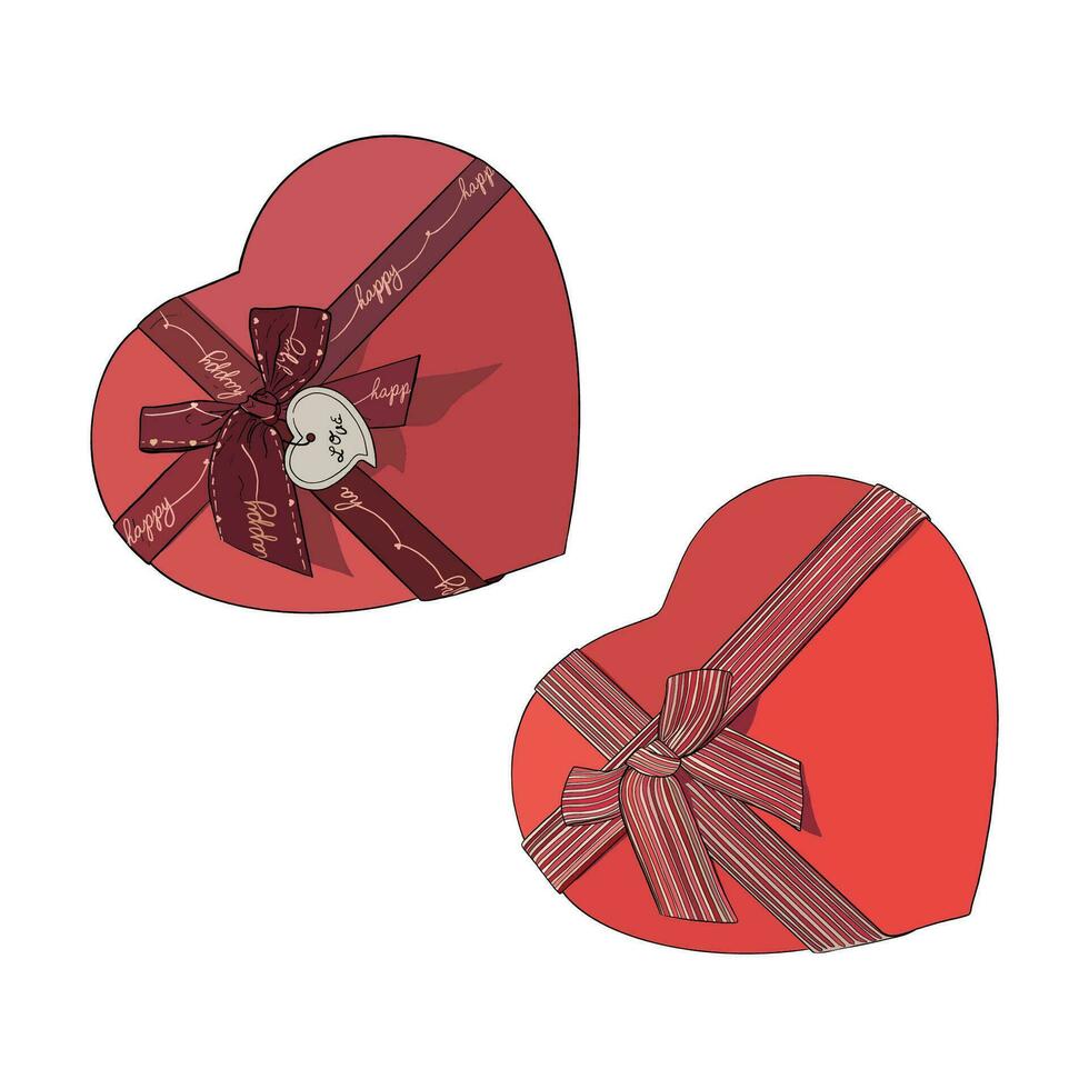 Vector illustration set of nice red heart giftboxes with decorative ribbons and bows. Image for postcard or sweets or gift box for Valentines day