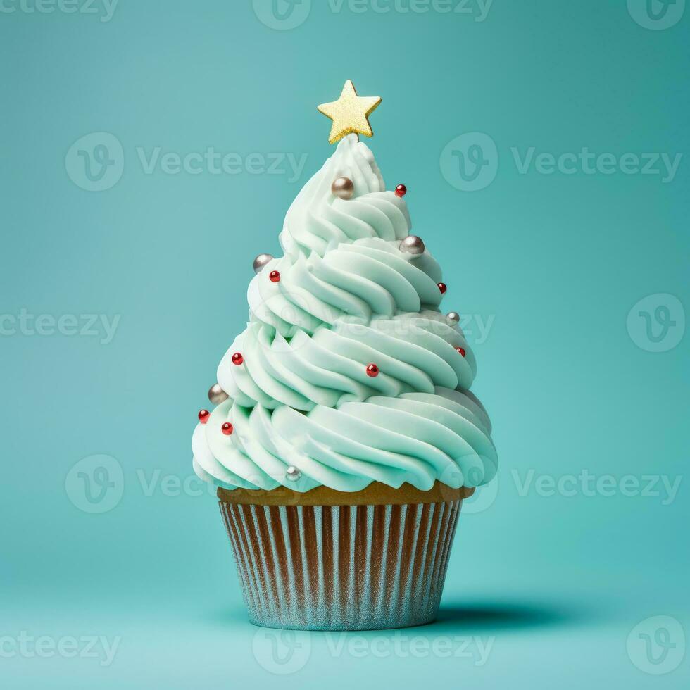 AI Generated Christmas cupcake with a Christmas tree decoration photo