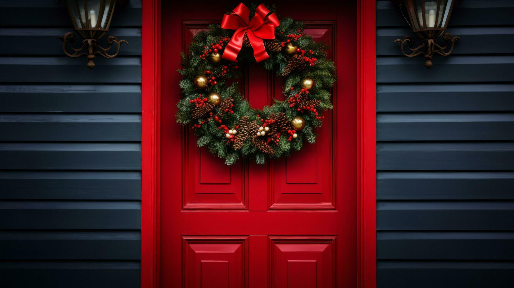 Front door to an English home painted red with a Christmas wreath, Xmas Garland photo