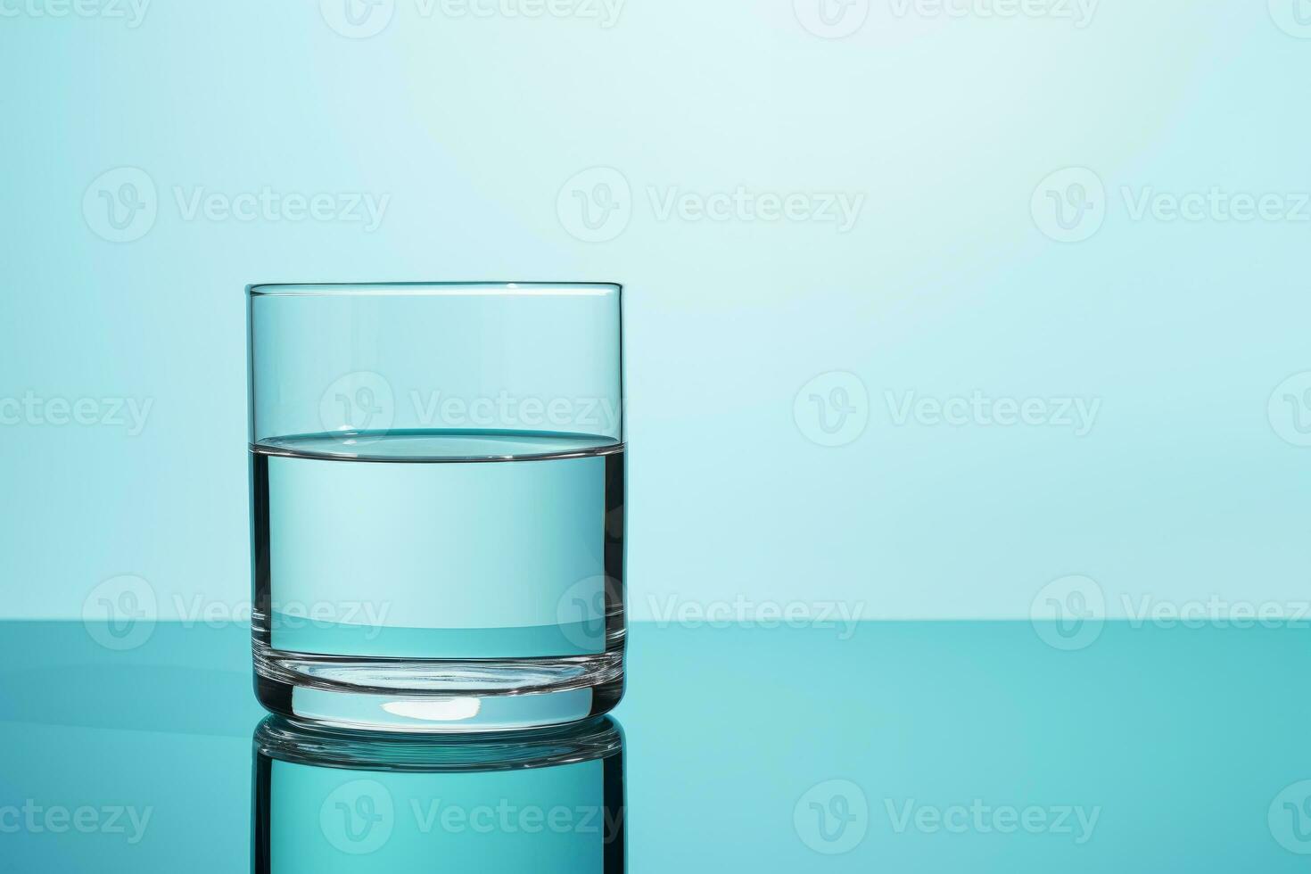 ai generado un vaso de limpiar Bebiendo agua en un ligero azul antecedentes foto