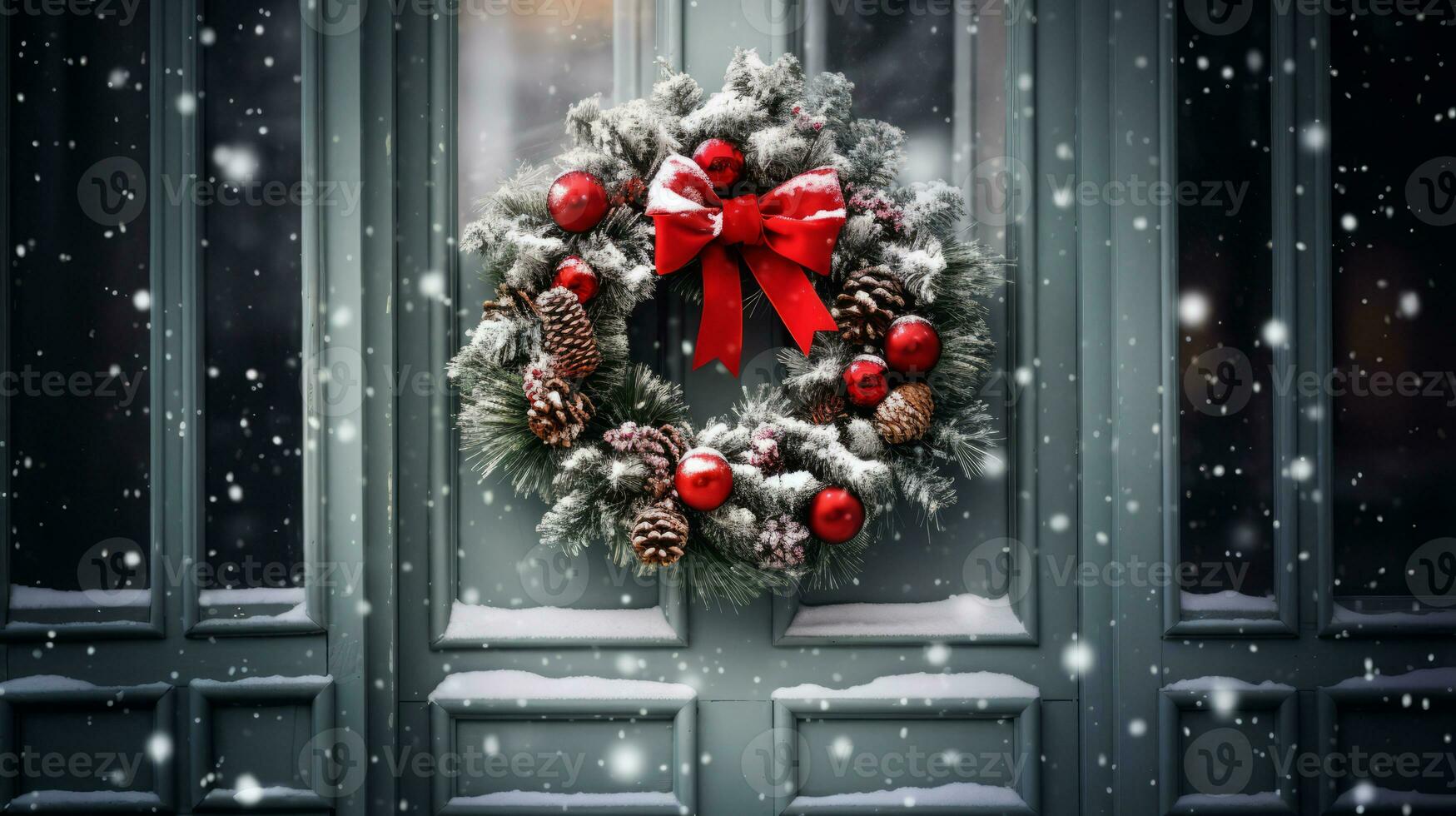 ai generado el puerta de el casa es decorado con un Navidad guirnalda foto