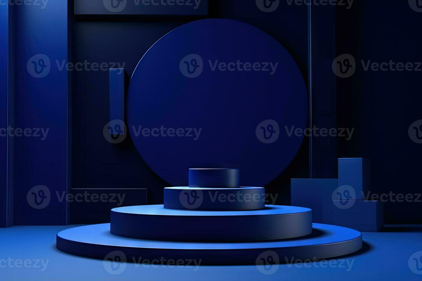 Dark blue pedestal in black room with geometric shapes. Podium for product showcase. Generated AI. photo