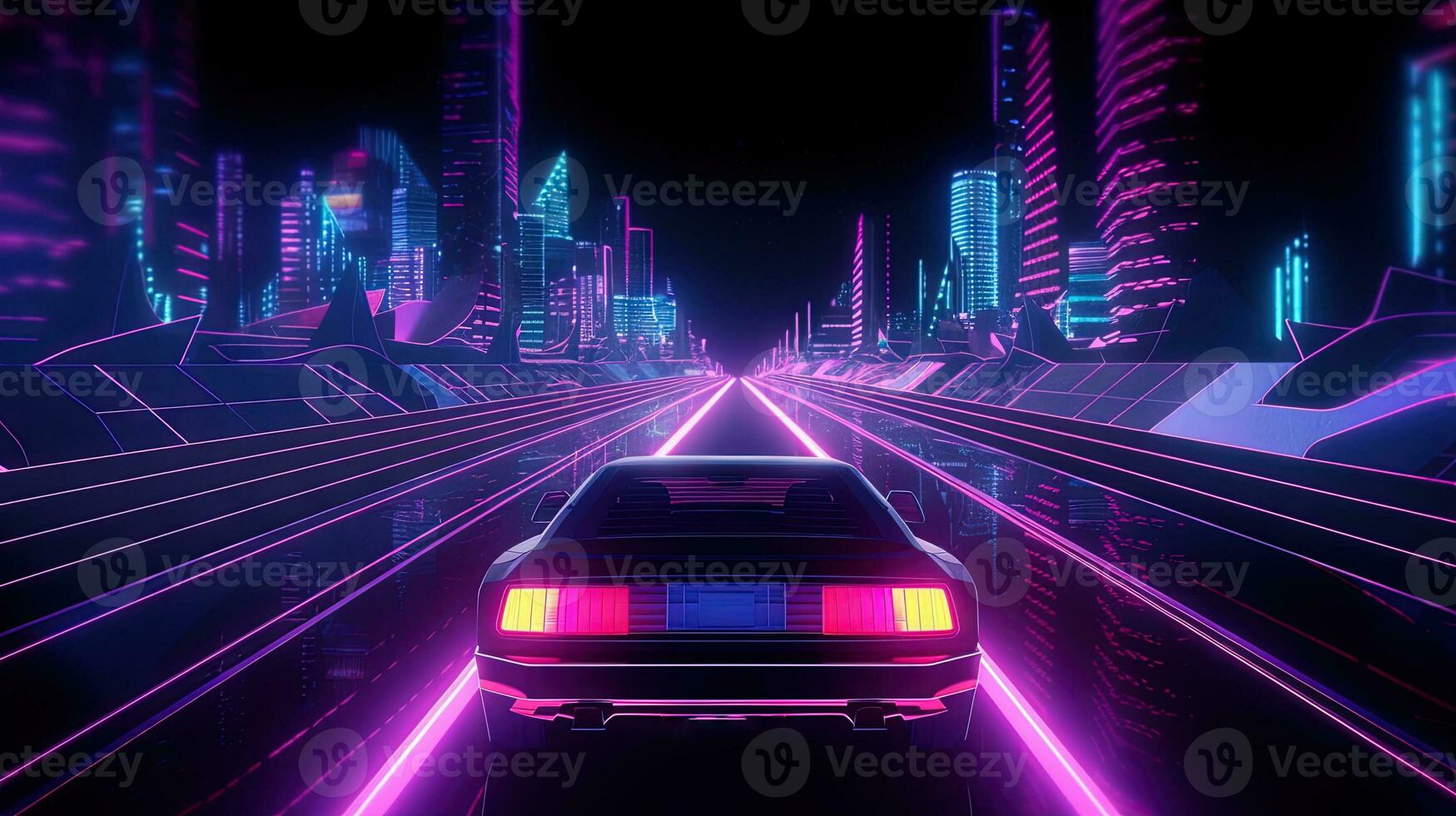 Car ride on the neon road in 80s retro synthwave style. Generated AI. photo