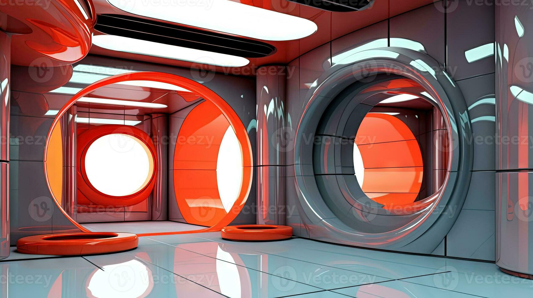 Spaceship or lab interior in retro futuristic sci-fi style with round doors. Generated AI. photo