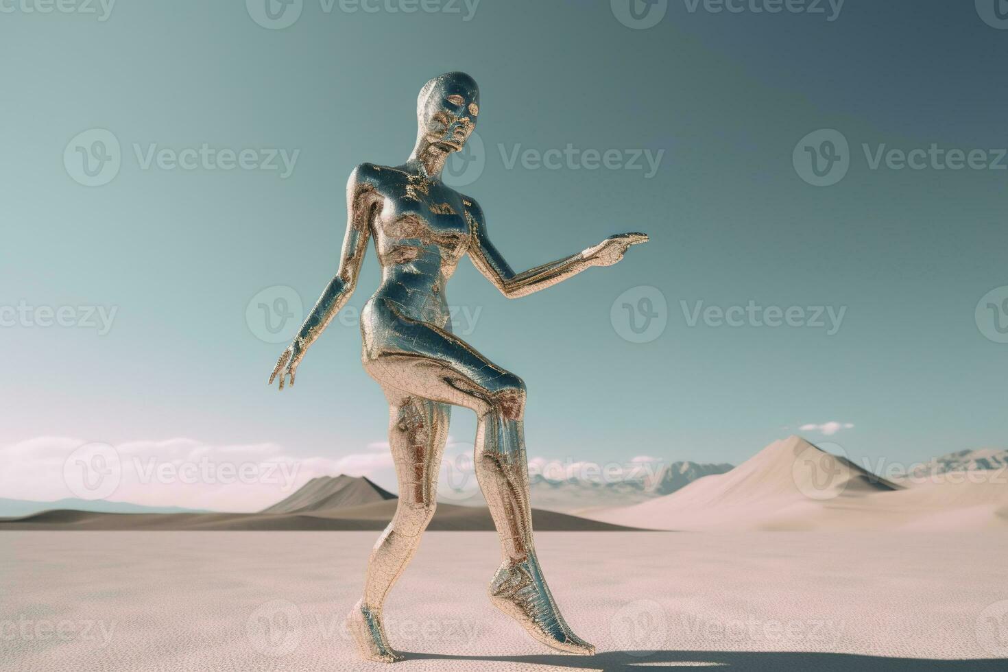 Crome robot woman dancing in the desert. Artificial intelligence rise and shiny. Mechanical beauty. Generated AI. photo