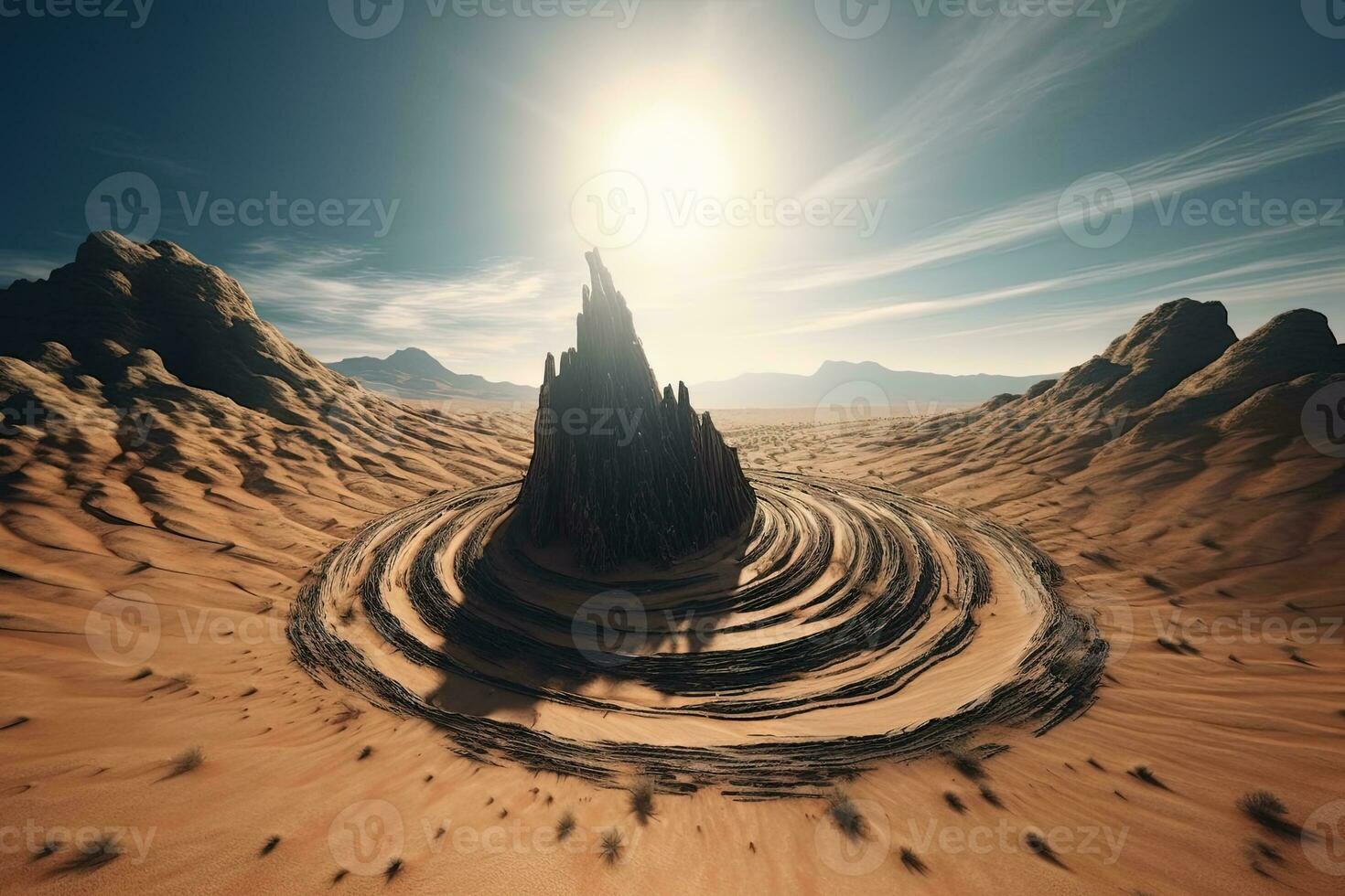 Surreal rock vortex formation. Fictional coiled stones in the desert mountains. Generated AI. photo