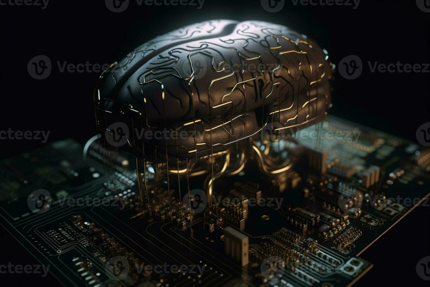 Artificial intelligence science concept with technological AI brain on the circuit board. Generated AI. photo