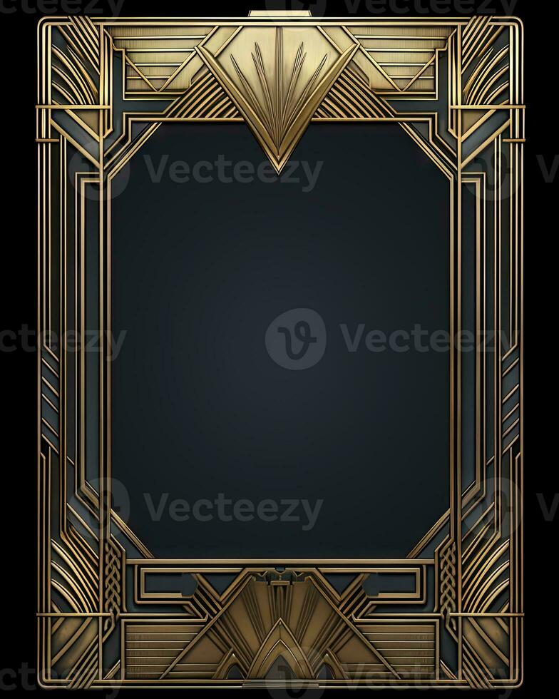 Golden art deco frame with ornament. Retro golden art deco or art nouveu frame in roaring 20s style. Generative AI. photo