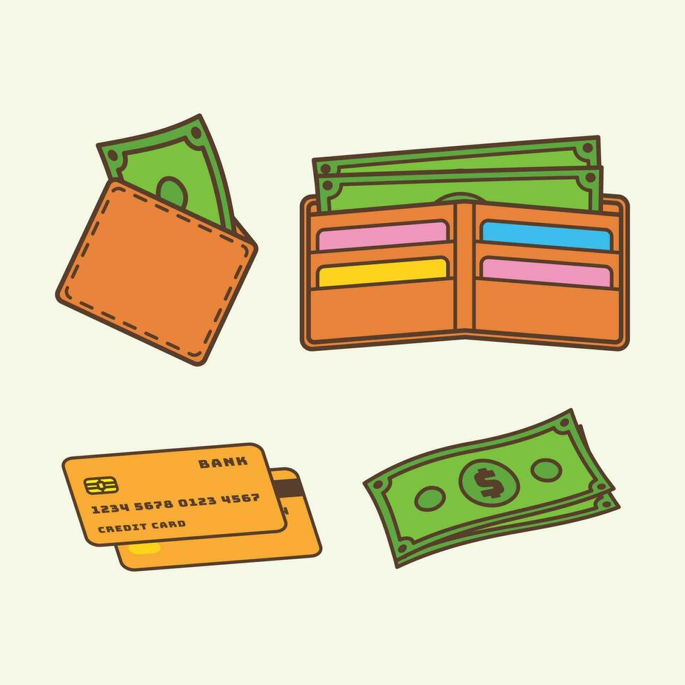 billetera, crédito tarjeta, y dinero ilustración vector