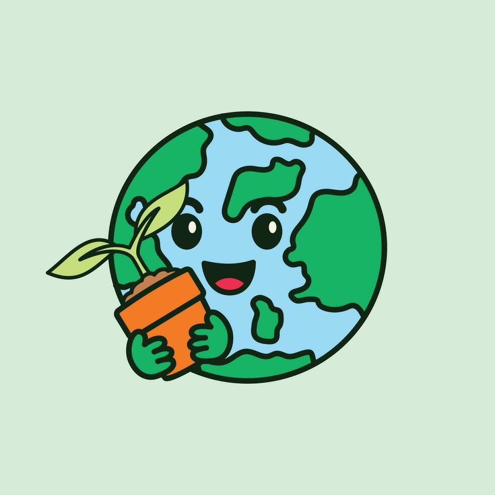 Cute earth holding plant, cute earth character vector