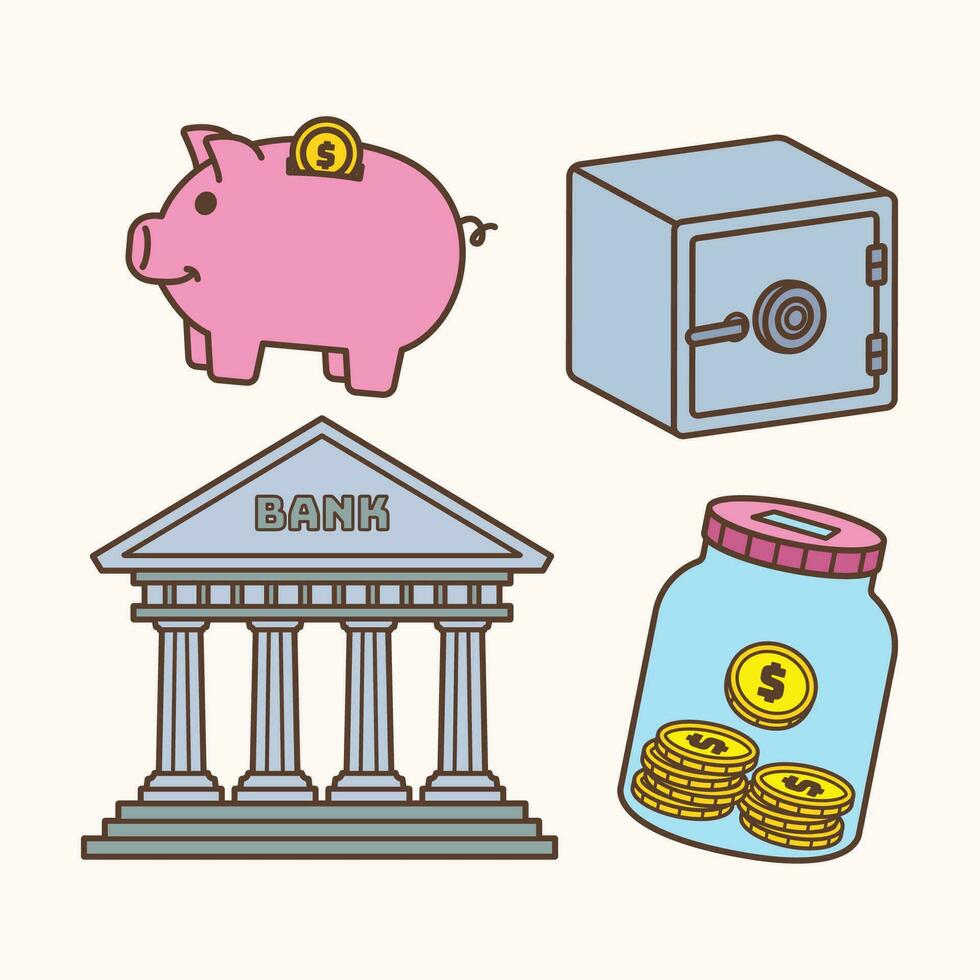 ahorro dinero ilustración, cerdito banco, seguro caja, moneda en frasco, y banco ilustración, vector