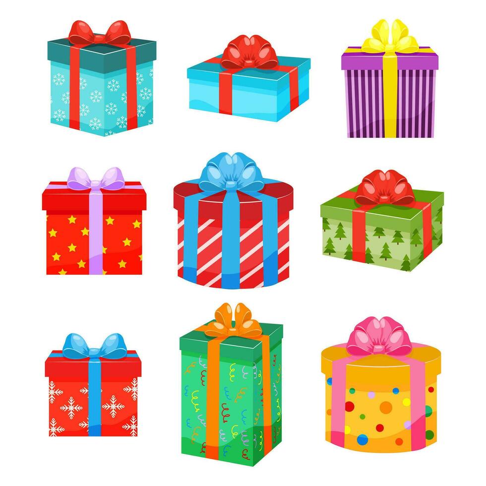A set of different gift designs in colorful packaging. Colorful wrapped gift boxes with ribbons and bow. Vector illustration.