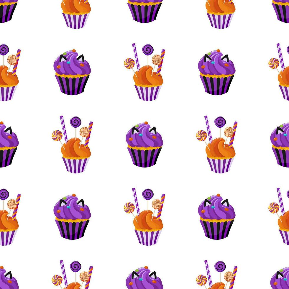 Background of sweet treats including candies, confectionery and cream sweets. Seamless pattern with cupcakes. For wrapping paper, packaging, fabric, wallpaper. vector