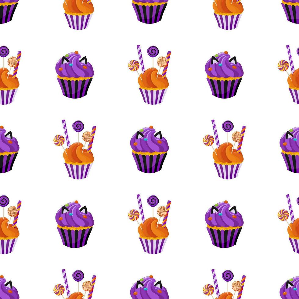 Background of sweet treats including candies, confectionery and cream sweets. Seamless pattern with cupcakes. For wrapping paper, packaging, fabric, wallpaper. vector