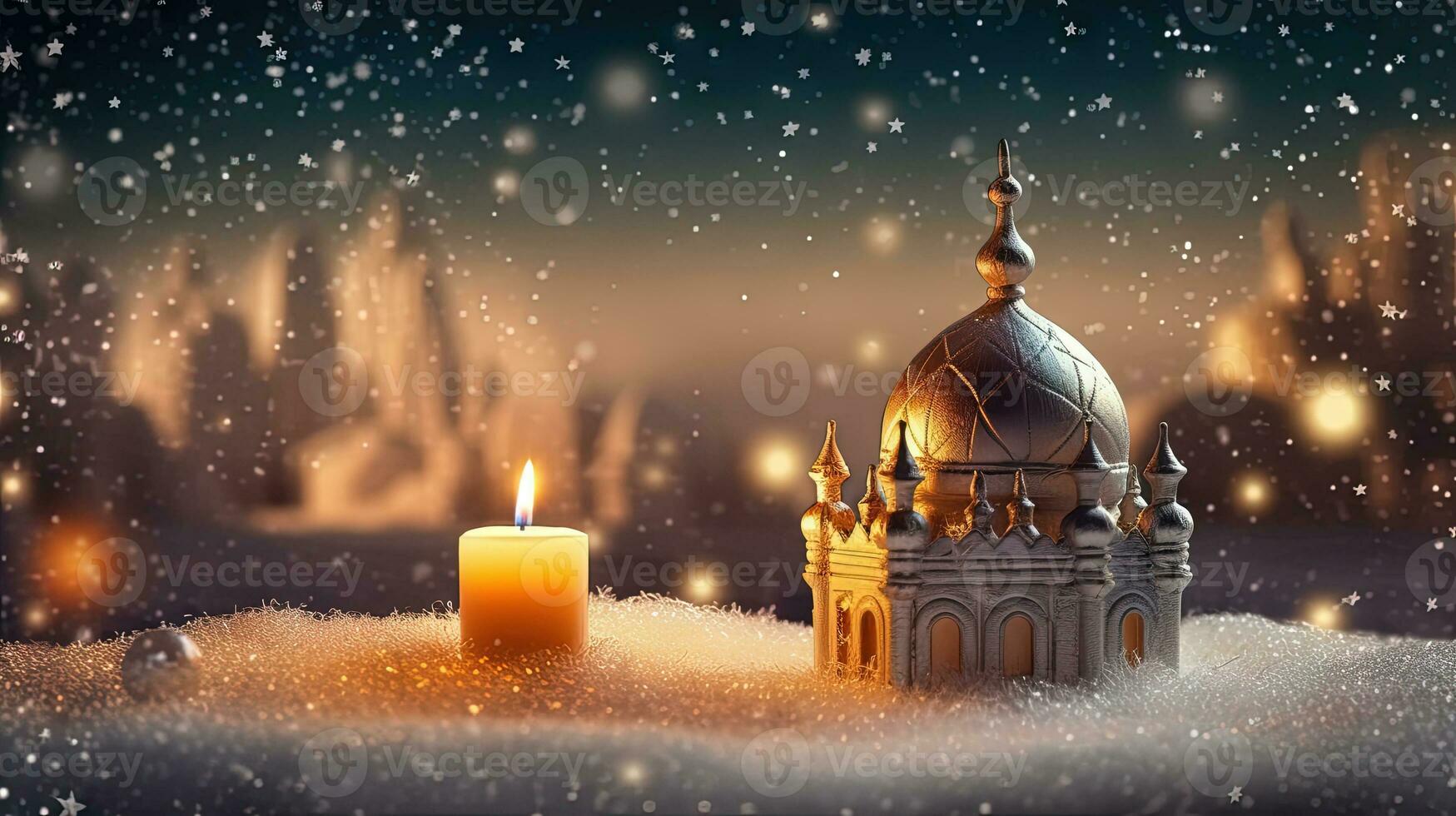 Christmas card with snow and candles. Winter holidays ornament and candles on the Xmas scene. Generated AI. photo