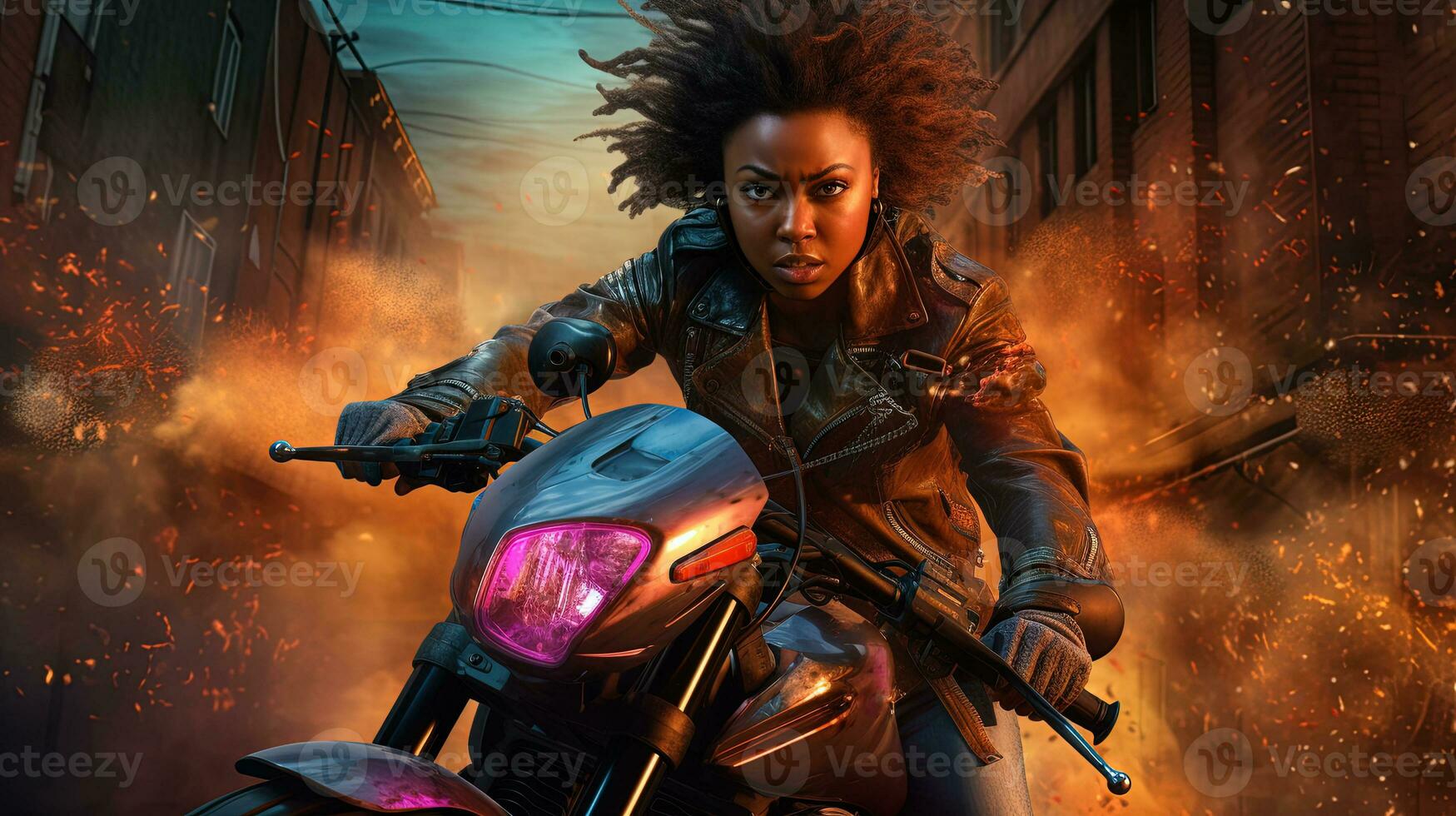 Action shot with black woman on the bike riding away from fire and explosion. Dynamic scene in action movie blockbuster style. Generated AI. photo